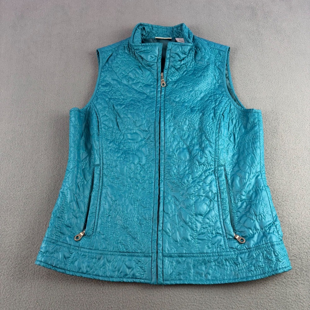 Chico's Quilted Vest Teal Blue Floral Embroidered Full Zip Mock Neck Size 0 XS